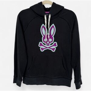 Psycho Bunny Sz S Black Hoodie Pullover Sweatshirt Big Logo Embroidered Purple